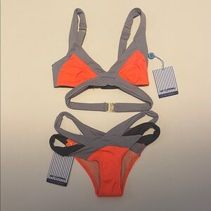 Les Canebiers Palmier Bikini Orange Gray St Tropez Strappy Size 36/ US Small